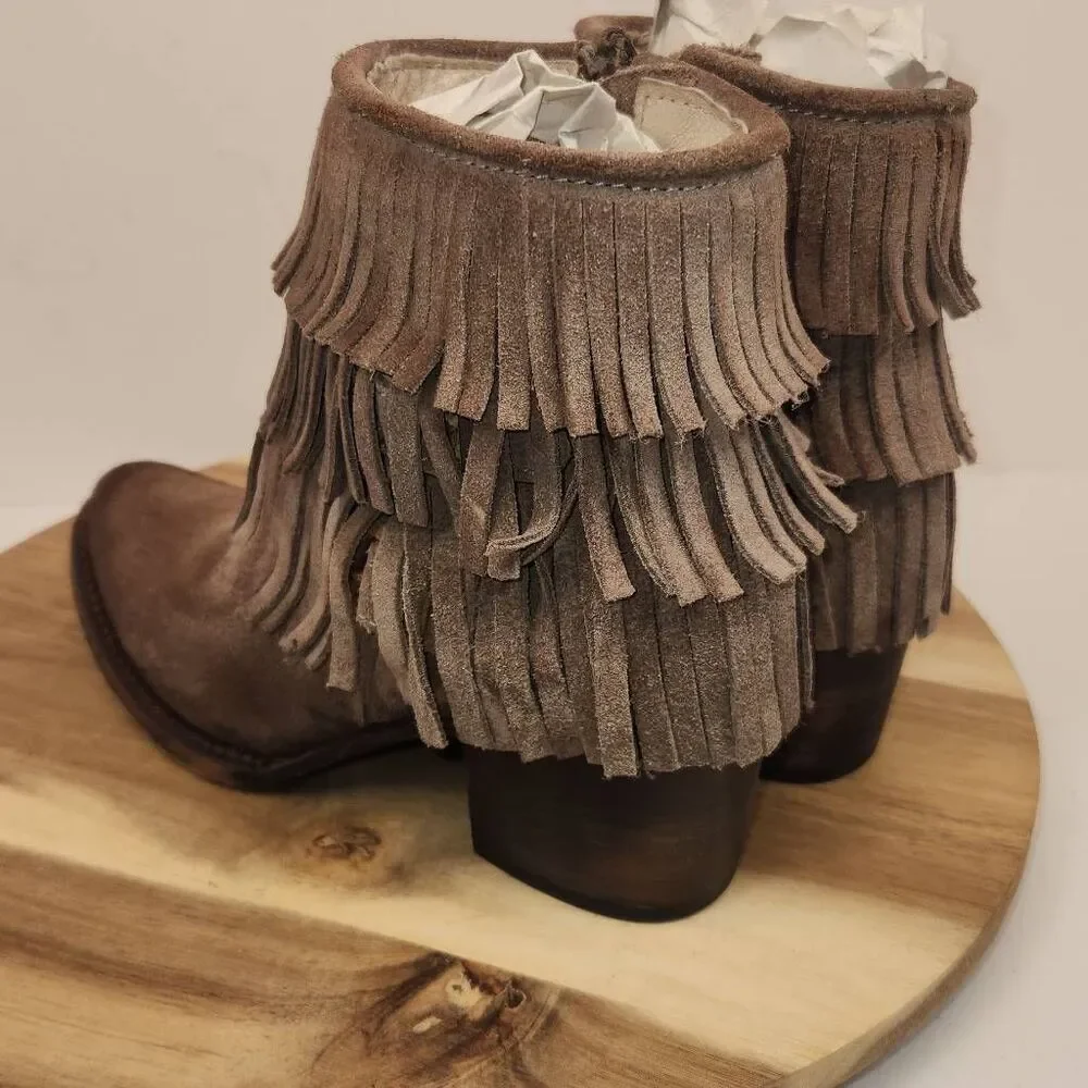 Freebird by Steven Women's Distressed Belle Suede Fringe Booties Size 7 Brown